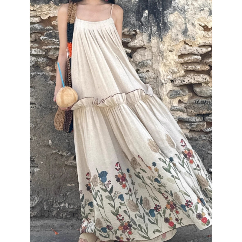 Summer Floral Spaghetti Strap Dress 2025 New Printed Elegant Long Dress Vacation Cheap Dopamine Spring