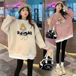 Pregnant Women's Sweatshirt suit Winter Clothing fleece-lined Thickened Loose All-match Cartoon Fake Two-piece Top Sweatshirt Warm Autumn and Winter Clothing