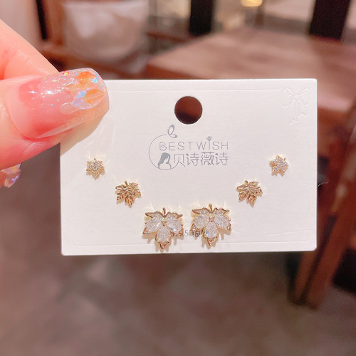  New Exquisite Maple Leaf Zircon Three Pairs of Earrings Women's Korean Style Silver Needle Personalized High-end Earrings