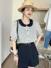 撞色格子娃娃领衬衫女欧洲站2025夏装新款女装时尚洋气小衫