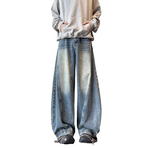 American Wide-Leg Bifurcation Denim Jeans for Men - Spring and Autumn Fashion Brand Straight Leg Plus Size Loose Hip-Hop Floor-Length Pants for Men