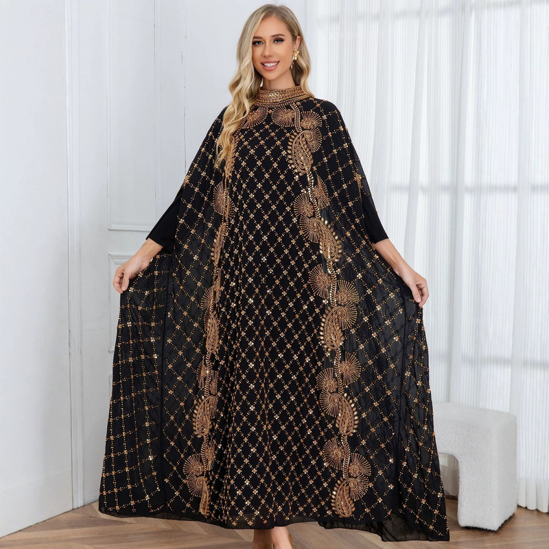 Sequined Beaded Sleeveless Gown Dress Ethnic Style Fashionable Elegant High-Neck Plus-Size Long Robe Foreign Trade Cross-Border