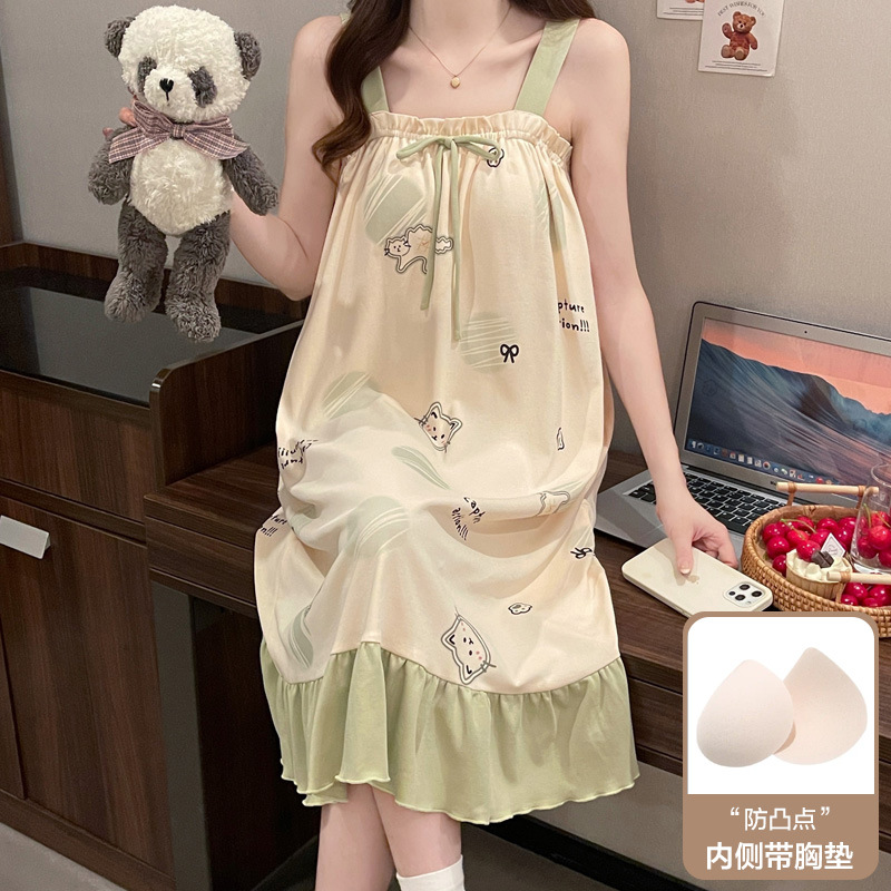 가슴 패드가있는 슬립 드레스 여름 여성 2024 새로운 코튼 조끼 잠옷 귀여운 섹시한 순수한 욕망 홈웨어