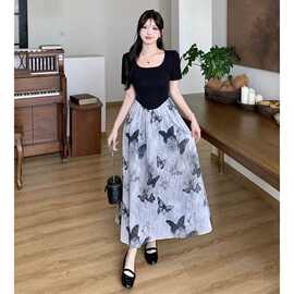 国风女装胖mm复古水墨画蝴蝶印花长裙女小众设计收腰假两件连衣裙