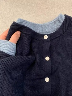 2025 new high-end navy blue sweater jacket for women in autumn and winter lazy loose versatile fake two-piece sweater