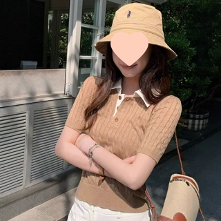 法式老钱风撞色polo领短袖针织衫女夏季复古修身正肩麻花t恤上衣
