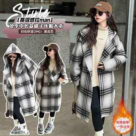 女童格子呢大衣秋冬款气质中大童韩版加厚呢子洋气儿童中长款外套