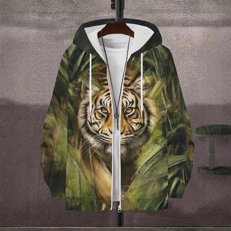 Amazon Cross-border New Animal Printed Cardigan Men's Health 3D Digital Printing Lion Tiger Dragon Printed Hoodie