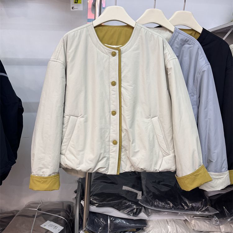 秋冬新款韩系糖果色单排扣拼色棉服外套女圆领时尚简约棉衣潮