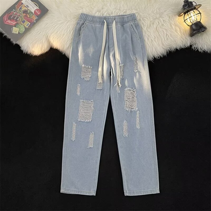 Summer Thin Loose Straight Wide-Leg Trendy Ripped Jeans Men's Long Pants Casual Simple Versatile High Street Denim Summer Thin Loose Straight Wide-Leg Trendy Ripped Jeans Men's Long Pants Casual Simple Versatile High Street Denim