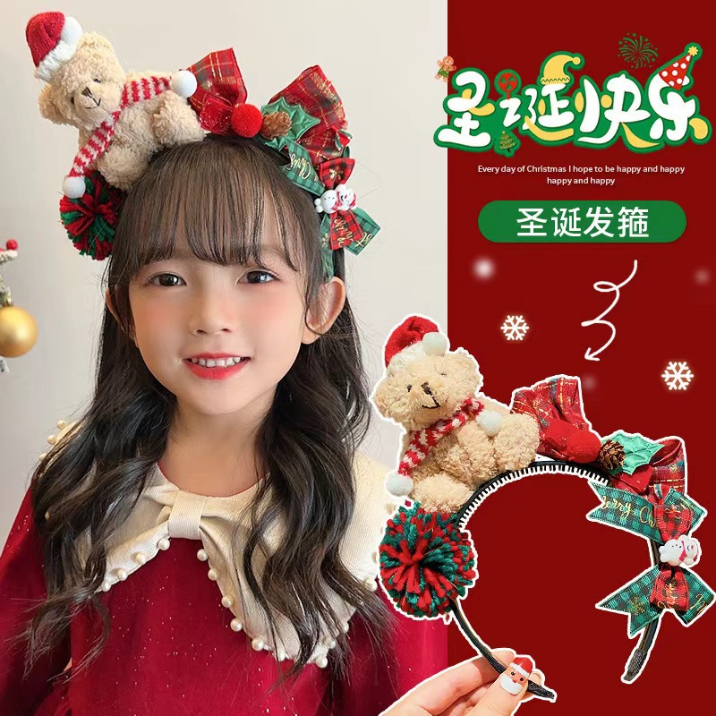 christmas headband children cartoon bear hair clip headdress girl bow headband holiday party dress up hair accessories