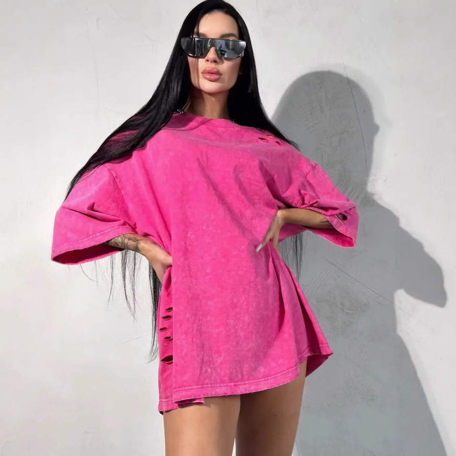 Amazon ins lavado retro agujero marca de moda algodón de manga corta blusa suelta camiseta 2024 casual versátil