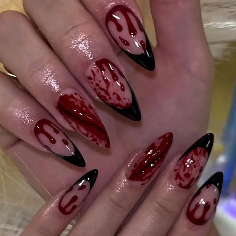Halloween Nail Art Medium Almond-Shaped Black French Edge Bloodstain Pattern Removable Fake Nails Nail Stickers Halloween Nail Art Medium Almond-Shaped Black French Edge Bloodstain Pattern Removable Fake Nails Nail Stickers