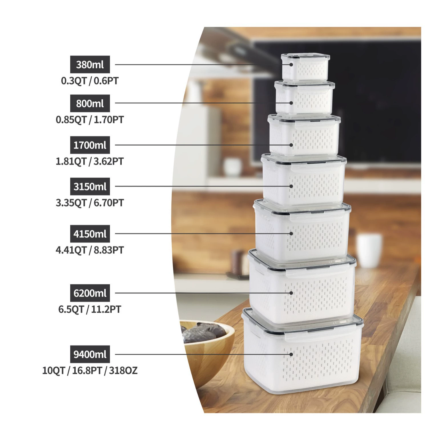 Double‑layer draining food storage box, transparent food‑grade, multiple sizes & sets