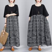 日韩外贸2025夏新款复古文艺时尚大码宽松拼色棉麻短袖连衣裙女