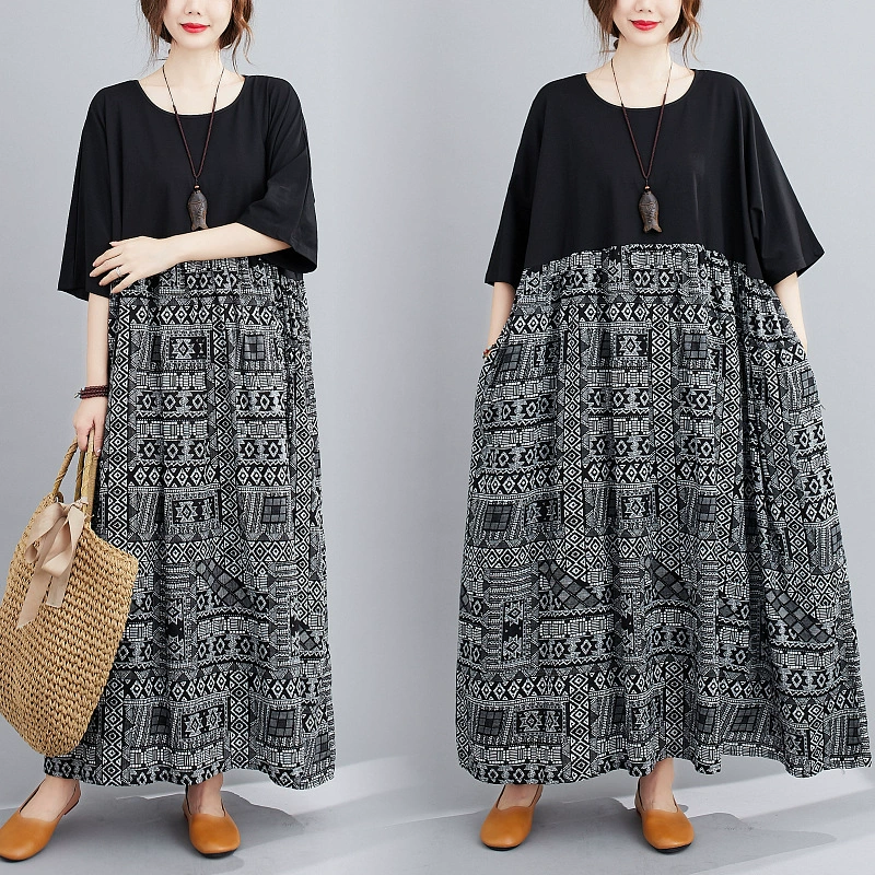 Японский и корейский экспорт 2025, летнее новое ретро-литературное модное свободное платье большого размера из хлопка и льна с короткими рукавами для женщин