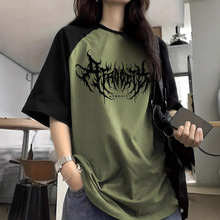 跨境外贸女士夏季新款短袖上衣哥特风格蝙蝠翅膀图案印花落肩T恤