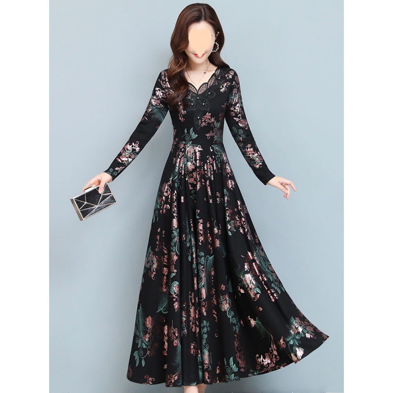 가을과 겨울 새로운 긴팔 중년 어머니는 두껍게 된 하이 엔드 허리 슬림 핏 원피스 기모