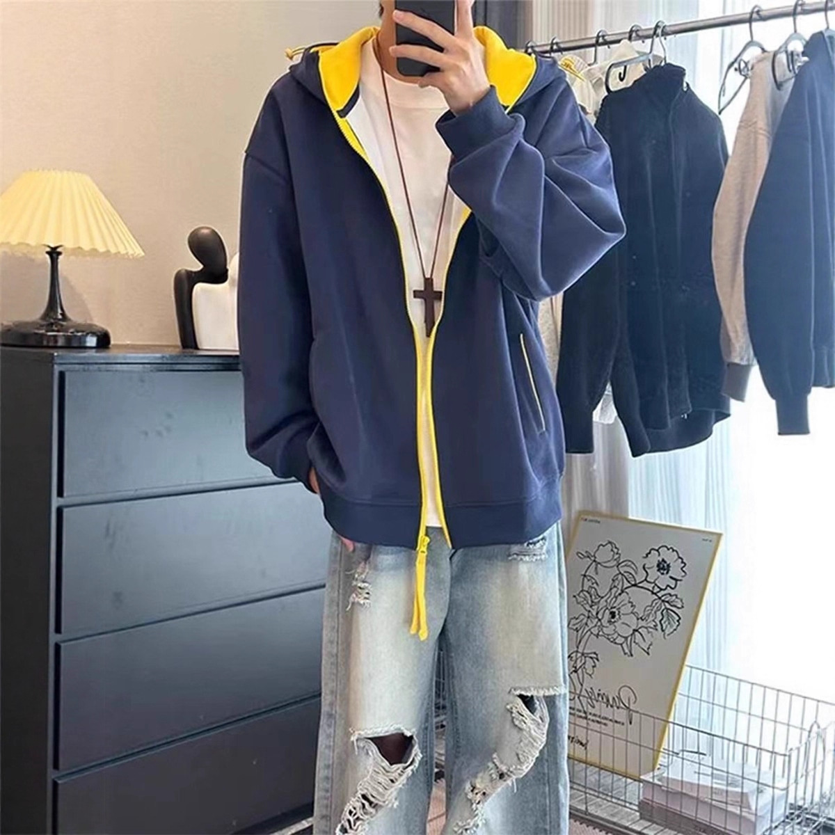 美式撞色拉链开衫卫衣男款秋冬新款青少年潮牌连帽宽松休闲卫衣男