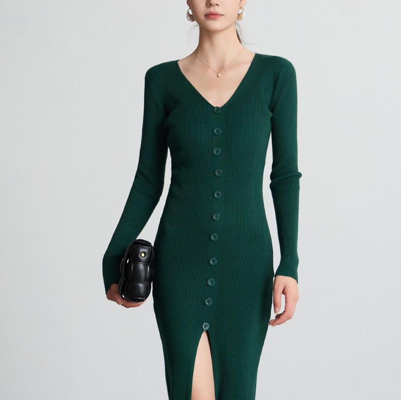 Long-Sleeved Autumn and Winter Dress V Neck Knitted Dress Slimming Look Elegant Single-Breasted Hip-Covering Mid-Length Skirt for Women Long-Sleeved Autumn and Winter Dress V Neck Knitted Dress Slimming Look Elegant Single-Breasted Hip-Covering Mid-Length Skirt for Women