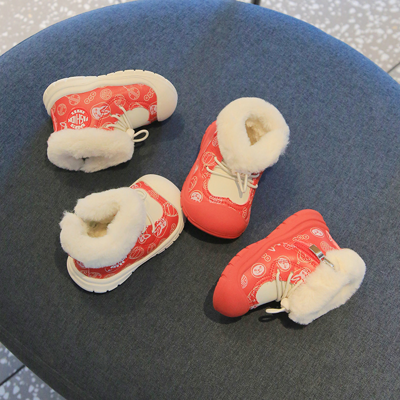 Children's Snow Boots Winter New Fleece-Lined Large Cotton Shoes Red Festive One-Year-Old New Year's Cotton Shoes for Boys and Girls Toddler Shoes