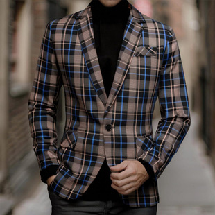 Cross-border Foreign Trade Spring Men's New Fashion Casual All-match Plaid One-button Suit Jacket One-piece Suit
