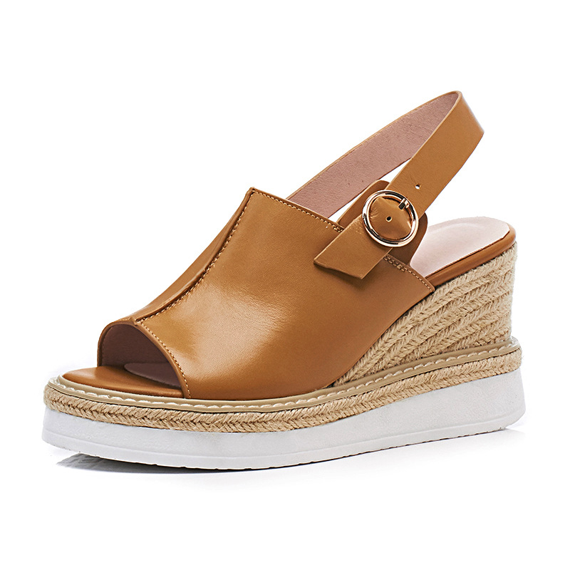 Sandal cao gót nữ hở mũi đế xuồng đan rơm phong cách châu Âu — Nâu vàng chi tiết 4