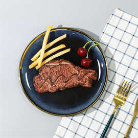 新品轻奢电镀金边圆形陶瓷餐盘 现货批发牛排餐盘早餐盘点心盘