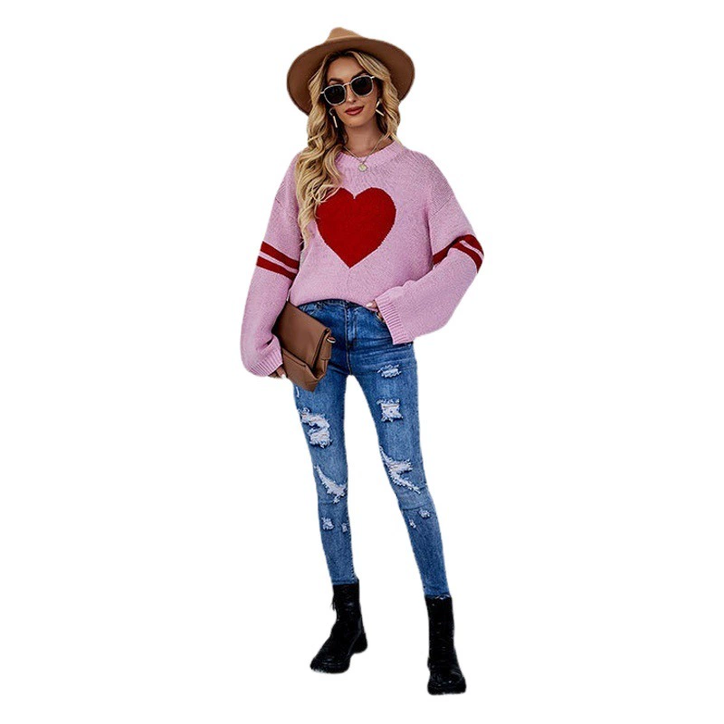 Женский свитер Amazon Temu, бестселлер осенне-зимнего сезона 2025 года, с контрастным цветом в виде сердечек, круглым вырезом и вязаным узором в стиле Дня святого Валентина.