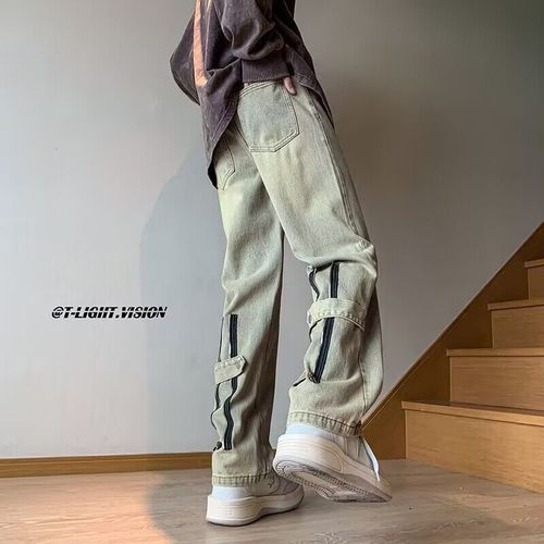 Men's Yellow Clay Color Denim Jeans Spring and Autumn Season Streetwear Cool Gangster American Style Micro Bell-bottom High Street Vibe Straight Leg Wide Leg Pants