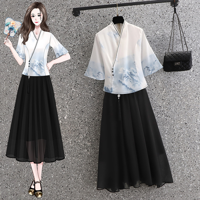 Real shot 2023 summer new plus size women's fashion retro national style ink printing and dyeing Chinese Hanfu two-piece skirt
