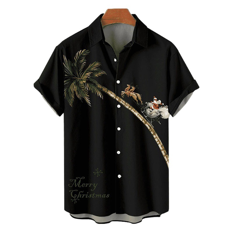 Camisa de manga corta de venta caliente de hombre de talla extra grande de comercio exterior Santa Claus Camisa de solapa de manga corta transfronteriza con impresión digital 3D