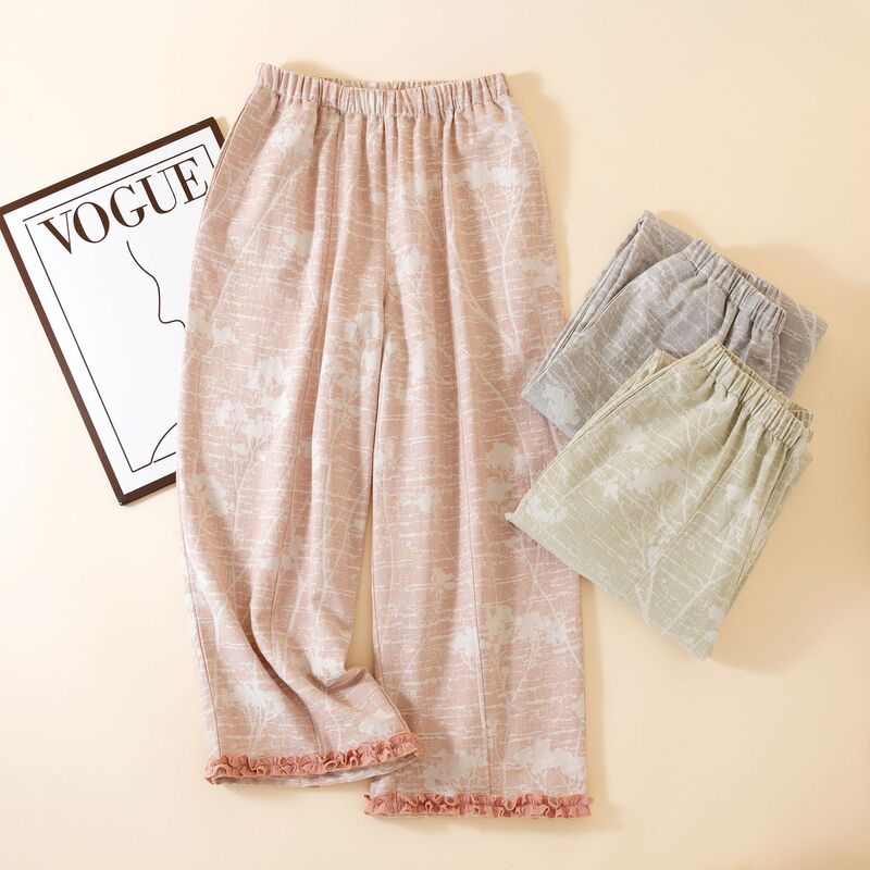 New Style Spliced Lace Cotton and Linen Women's Home Pajamas Spring and Autum Loose Pants with Flap Pocket Pantss Chinese Style Home Pants