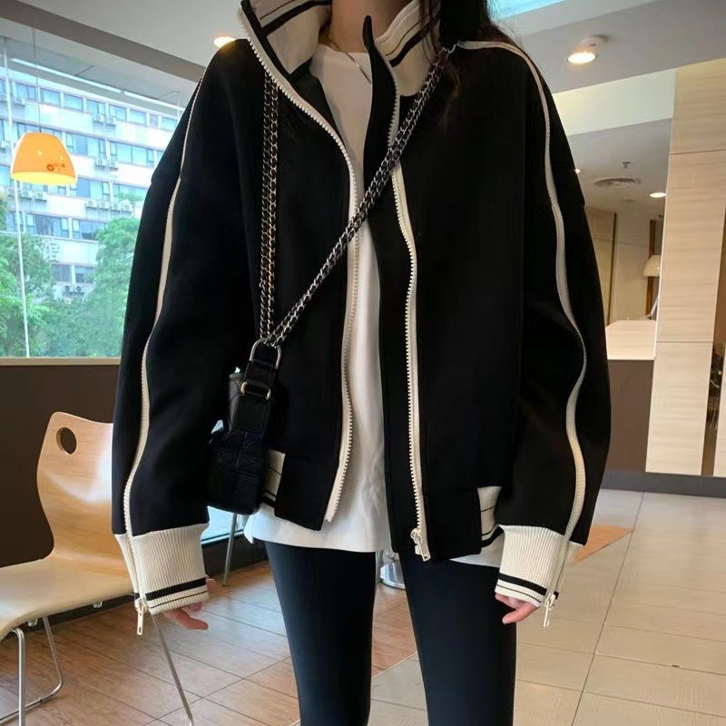 黑色运动夹克外套女秋冬季棒球服hiphop欧美高街新款2024爆款