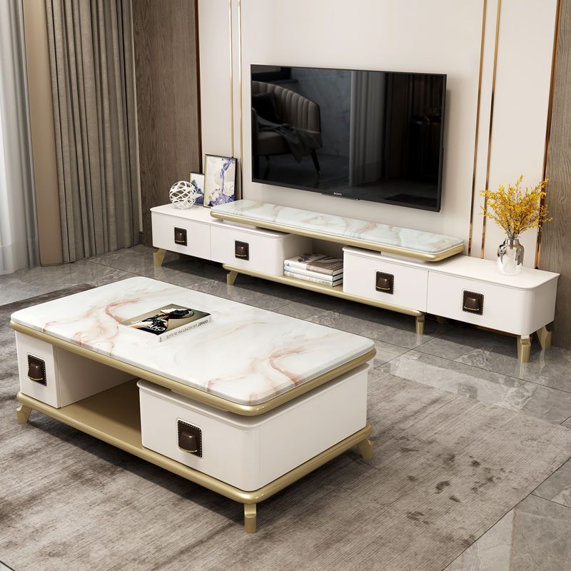 Light Luxury Tv Cabinet Coffee Table Combination Set Modern Minimalist Living Room Marble Furniture Small Apartment Retractable Glass