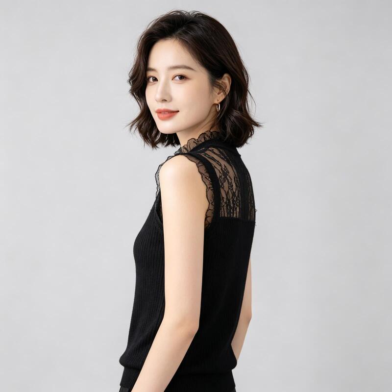 Mesh Half-High Collar Knitted Camisole for Women, Sleeveless Short Top, Lace Sweater for Outerwear Mesh Half-High Collar Knitted Camisole for Women, Sleeveless Short Top, Lace Sweater for Outerwear