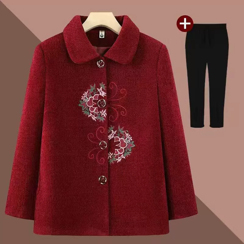 Jacket, warm woolen coat, with embroidery, for middle age