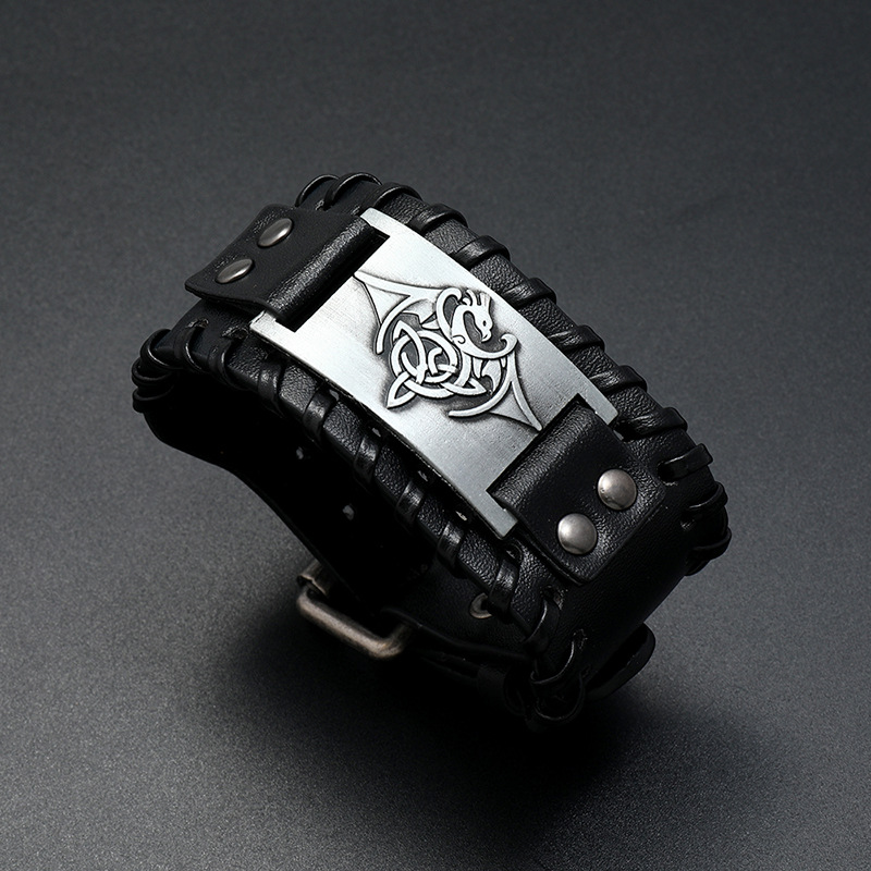 new jewelry simple woven leather bracelet simple Nordic mythology relief wide bracelet