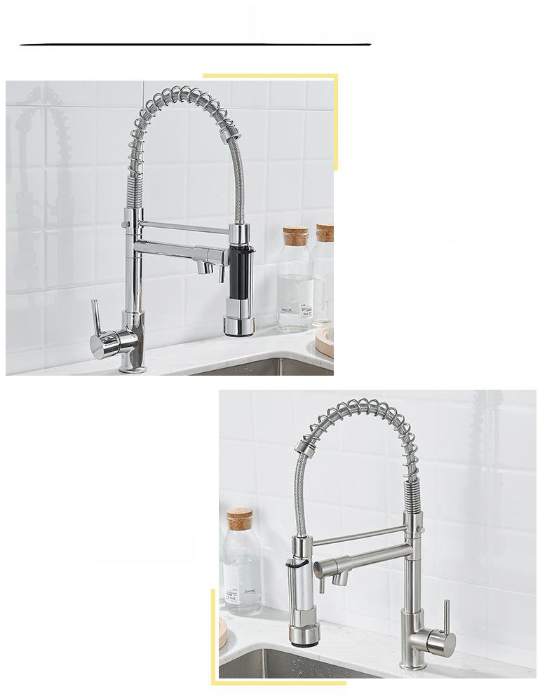 Cross-border commodity all-copper nickel wire drawing dual-function kitchen spring faucet hot and cold water rotating black drawing faucet