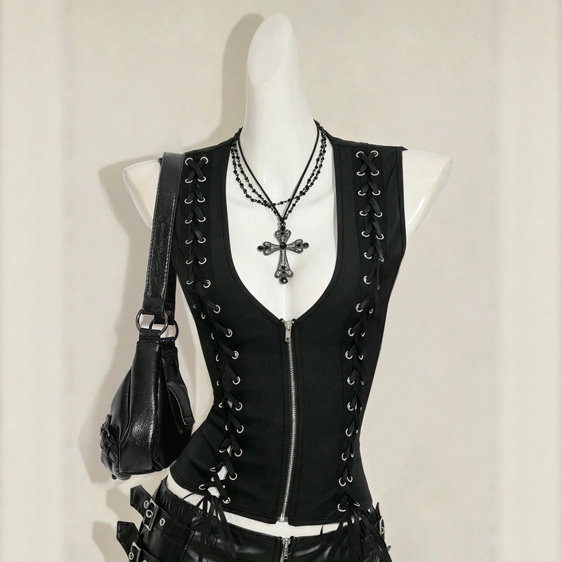 Cross-Border European and American Dark Gothic Style Lace-Up Waist Zipper Vest 2026 New Fashion Personalized Vest Top for Women