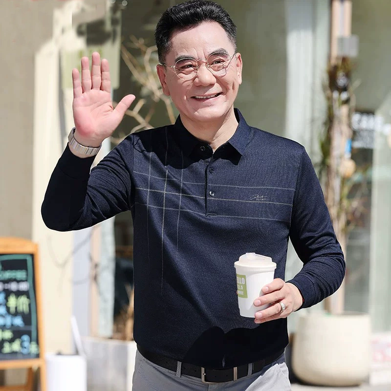 Осенняя новая футболка папа для пожилых мужчин с длинными рукавами топ с отворотами свободная мужская футболка нижняя рубашка дедушка костюм