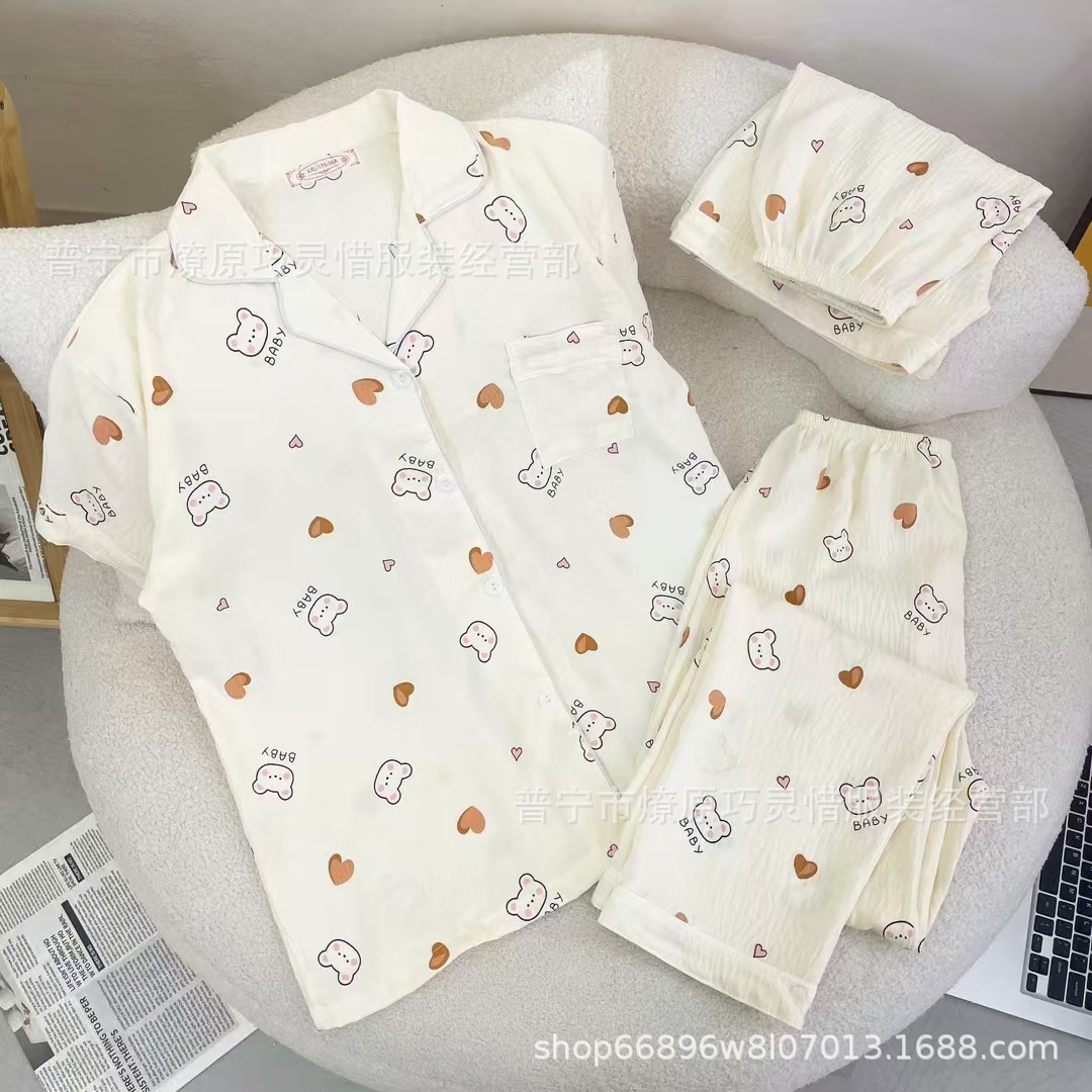 Hermosos pijamas de tela de rabu mujeres primavera y otoño verano nubes de algodón dulce mangas cortas pantalones cortos de tres piezas ropa para el hogar
