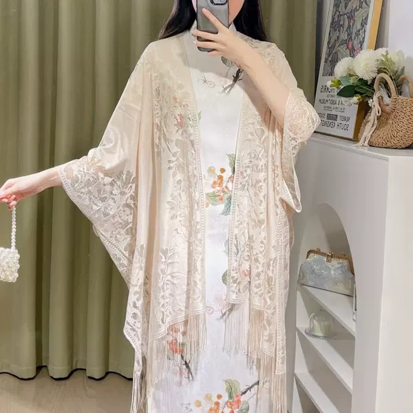 Chinese-style Cheongsam Shawl Women's New Outer Cardigan Spring and Summer Thin Elegant Lace Hollow Tassel Antique Shawl