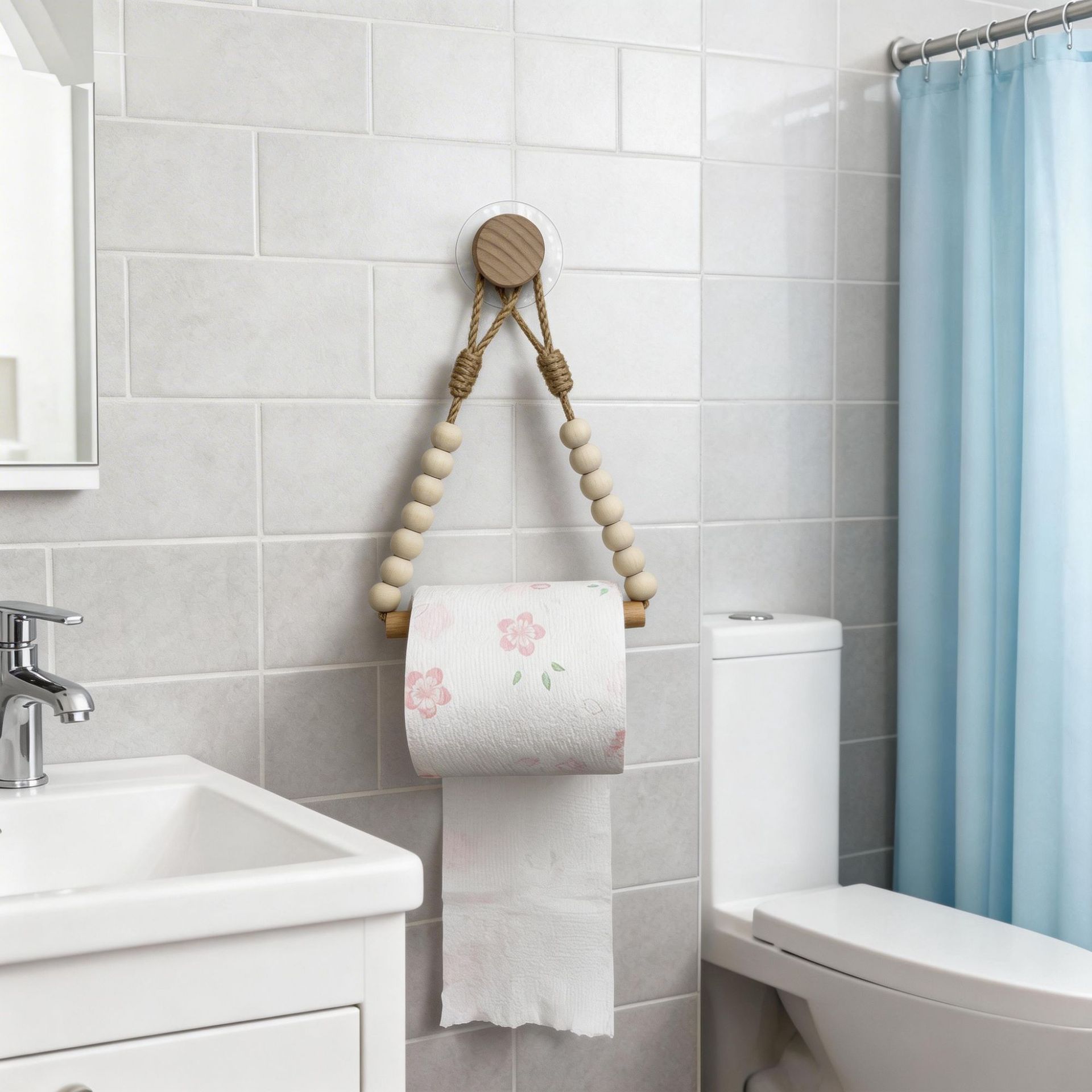 Cross-Border No-Drill Wooden Bead Paper Towel Holder Woven Bathroom Hemp Rope Wooden Tube Towel Rack Bath Towel Rack Kitchen Organizer