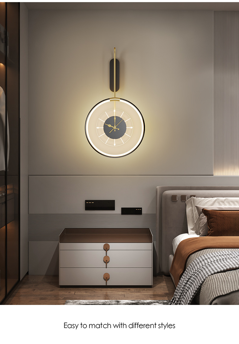 Escaleras de dormitorio lujosas con lámparas de cabecera lujosas reloj lámparas de pared lámparas de fondo TV creativa pared de fondo sala de estar