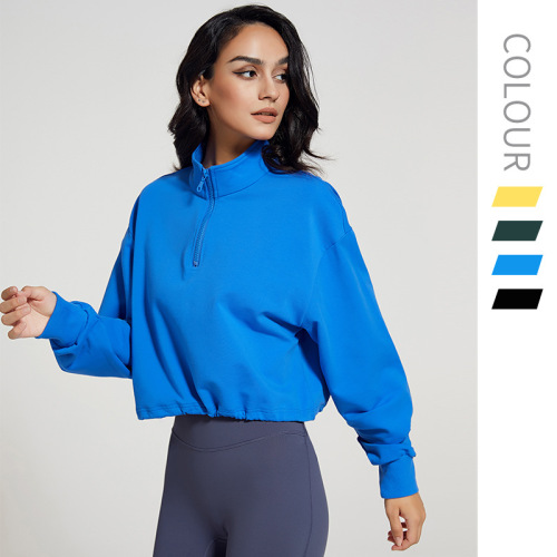 European and American new model stand collar fitness sports sweatshirt for women loose zipper drawstring long sleeve yoga wear top T-shirt