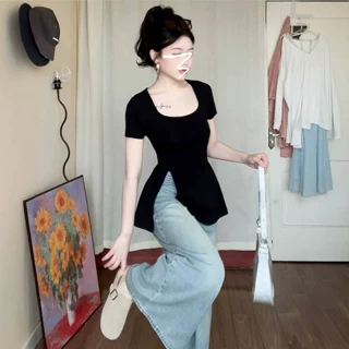 法式开叉u领短袖t恤女夏2026新款修身显瘦收腰设计感独特绝美上衣
