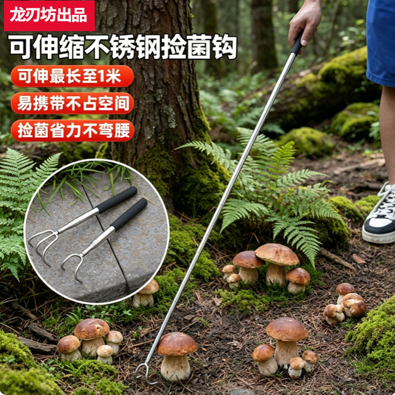 Long-Handled Telescopic Rake for Picking Mushrooms, Tool for Collecting Wild Mushrooms, Rake with Meat Hook, Sea Fishing Tool