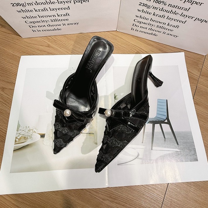 Zapatillas de malla de encaje de verano, zapatillas de tacones altos de perlas con bolso, ropa exterior de moda de tacones delgados