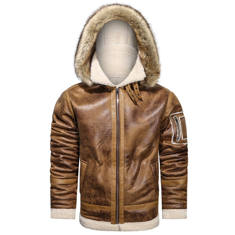 Men's Fleece Lined Leather Motorcycle Jacket With Hood Retro Style_voghion.com